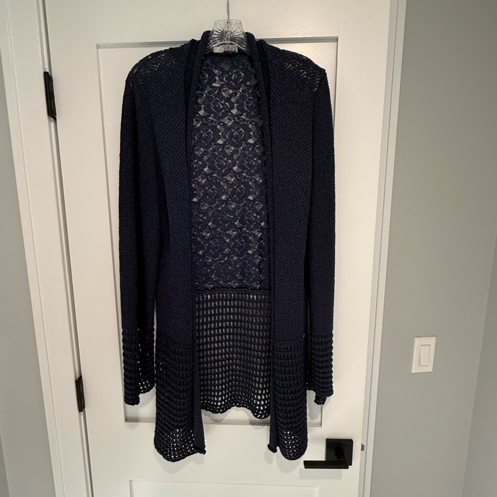 Dismero Elegant Navy Open-Front, Crochet/Lace Sweater, Size XXL